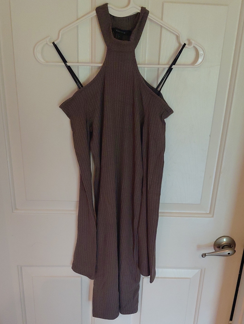 Forever 21 Taupe Ribbed Cold-Shoulder Halter Maxi Dress